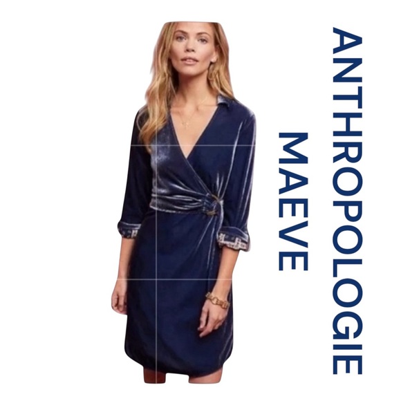 MAEVE BY ANTHROPOLOGIE Navy Blue Velvet Long Sleeve Dress w/Bodice Wrap, Size 4. - Picture 1 of 14